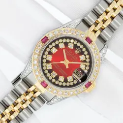 Rolex Lady DateJust Red Diamond Dial Steel and 18k Gold Diamond Ruby Bezel Watch
