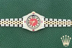 Rolex Lady DateJust Red Diamond Dial Steel and 18k Gold Diamond Ruby Bezel Watch