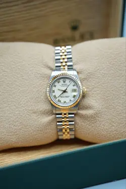 LADIES STEEL & GOLD ROLEX DATEJUST 26MM 69173 FACTORY CREAM ROMAN NUMERAL DIAL
