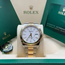 ROLEX DATEJUST 41 WHITE STICK DIAL TWO TONE YELLOW GOLD FLUTED BEZEL OYSTER