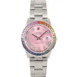 ROLEX DATEJUST 36MM STEEL WATCH PINK DIAMOND ROMAN DIAL RAINBOW BEZEL-BOX/PAPER