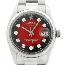 ROLEX MENS DATEJUST RED VIGNETTE DIAMOND DIAL 18K WHITE GOLD STEEL WATCH