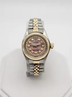 $9000 ROLEX OYSTER PERPETUAL LADIES PINK MOP DIAMOND 18K YELLOW GOLD SS WATCH