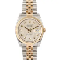 ROLEX DATEJUST 116233 GOLD & STEEL 36MM WHITE MOP DIAMOND DIAL 18K FLUTED BEZEL