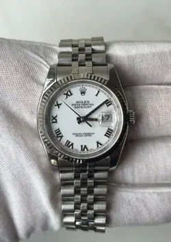 ROLEX DATEJUST 116234 WHITE ROMAN WHITE GOLD FLUTED BEZEL STEEL JUBILEE