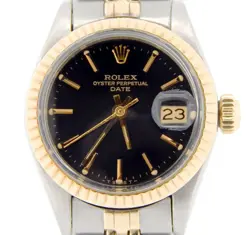 ROLEX DATE LADIES 2TONE 14K YELLOW GOLD & STAINLESS STEEL WATCH BLACK DIAL 6917