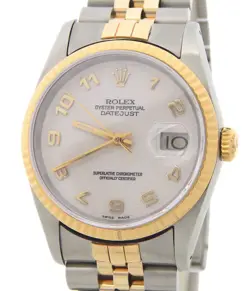ROLEX DATEJUST MENS 2TONE 18K YELLOW GOLD STEEL WATCH WHITE ARABIC DIAL 16233