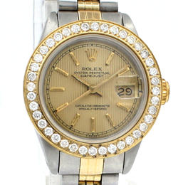 ROLEX OYSTER PERPETUAL DATEJUST 26MM GOLD TAPESTRY DIAL DIAMOND LADIES WATCH