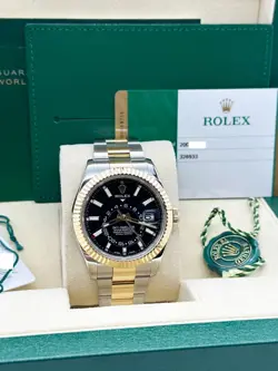 ROLEX SKY DWELLER 326933 42MM BLACK DIAL 18K YELLOW GOLD STAINLESS BOX PAPER