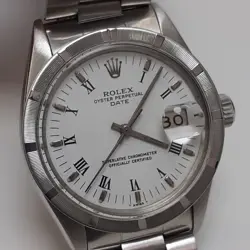 ROLEX DATE 34 MM STEEL WHITE ROMAN OYSTER AUTOMATIC WATCH 1500 CIRCA 1978