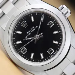 2002 ROLEX OYSTER PERPETUAL 76080 24MM BLACK 3-6-9 DIAL STEEL WATCH W/ PAPER