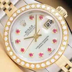 ROLEX LADIES DATEJUST 79173 MOTHER OF PEARL RUBY DIAL 18K GOLD SS DIAMOND WATCH