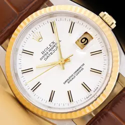 ROLEX MENS DATEJUST 16233 WHITE DIAL 18K GOLD STEEL WATCH W/ BROWN LEATHER BAND