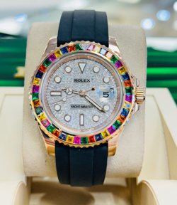 ROLEX YACHT-MASTER ROSE GOLD 40 126655 CUSTOM RAINBOW BEZEL PAVE DIAMOND DIAL BP