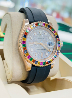 Rolex Yacht-Master Rose Gold 40 126655 Custom Rainbow Bezel Pave Diamond Dial BP