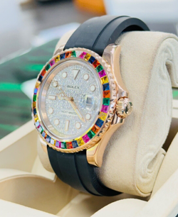 Rolex Yacht-Master Rose Gold 40 126655 Custom Rainbow Bezel Pave Diamond Dial BP