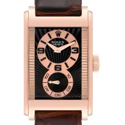 ROLEX CELLINI PRINCE ROSE GOLD BLACK DIAL LEATHER STRAP MENS WATCH 5442