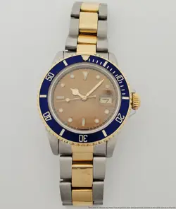 Rolex Submariner 18k Gold SS 16803 Blue Bezel Tropical Dial Mens Vintage Watch