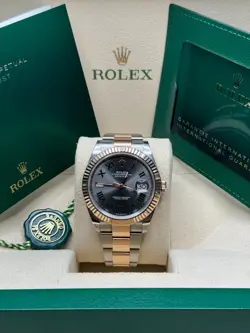 ROLEX DATEJUST 41 TWO TONE ROSE WIMBLEDON GRAY ROMAN DIAL FLUTED BEZEL OYSTER