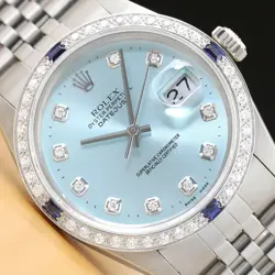 AUTHENTIC MENS ROLEX DATEJUST ICE BLUE DIAMOND 18K WHITE GOLD & STEEL WATCH
