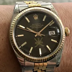 1974 GENT'S ROLEX DATE JUST KHANJAR BLACK ???? DIAL 18K TWO TONE WATCH REF 1603