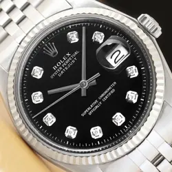 ROLEX MENS DATEJUST BLACK DIAMOND DIAL 18K WHITE GOLD STEEL WATCH W/ FOLDED BAND