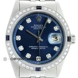 ROLEX MENS DATEJUST 18K WHITE GOLD & STAINLESS STEEL BLUE DIAMOND SAPPHIRE WATCH
