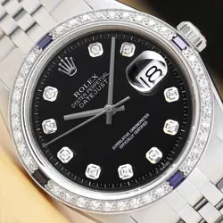 ROLEX MENS DATEJUST BLACK DIAL 18K GOLD SS DIAMOND SAPPHIRE WATCH W/ FOLDED BAND