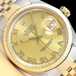 ROLEX MENS DATEJUST CHAMPAGNE ROMAN 18K YELLOW GOLD STEEL QUICKSET DIAMOND WATCH