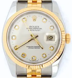 MENS ROLEX DATEJUST 18K GOLD & STEEL WATCH FACTORY SILVER DIAMOND DIAL 116233