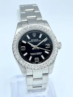 LADIES ROLEX OYSTER PERPETUAL 176200 26MM 3 6 9 ARABIC BLACK DIAL DIAMOND BEZEL