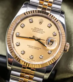 ROLEX DATEJUST 36 CHAMPAGNE DIAMOND DIAL COMPLETE SET JUBILEE BOX PAPERS 116233