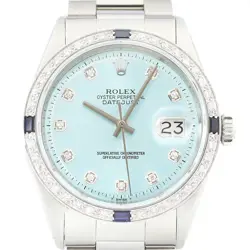 ROLEX MENS DATEJUST DIAMOND SAPPHIRE BEZEL 18K WHITE GOLD STEEL ICE BLUE WATCH