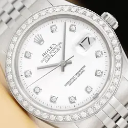 ROLEX MENS DATEJUST WHITE DIAL 18K WHITE GOLD STEEL DIAMOND WATCH W/ ROLEX BAND