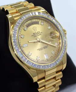 ROLEX DAY-DATE II PRESI 218238 18K YELLOW G 4.0CT BAGUETTES DIAMOND BZL PAPERS