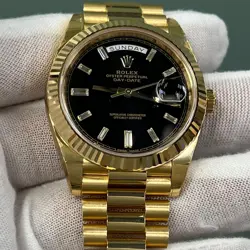 ROLEX PRESIDENT DAY DATE 228238 40MM BLACK BAGUETTE DIAMOND 18K GOLD W/ STICKERS