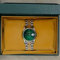 ROLEX MENS  DATEJUST 16233 18K YELLOW GOLD STAINLESS STEEL GREEN DIAL 36MM WATCH