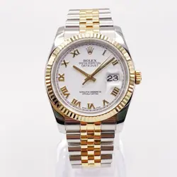 ROLEX DATEJUST 36MM STEEL 18K GOLD WHITE ROMAN DIAL AUTOMATIC MENS WATCH 116233