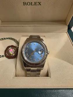 ROLEX DATEJUST II STEEL & 18K WHITE GOLD BEZEL BLUE DIAL MENS 41MM 116334