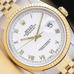 ROLEX MENS DATEJUST 16233 18K YELLOW GOLD STEEL TWO TONE WHITE ROMAN WATCH