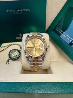 ROLEX DATEJUST 41 CHAMPAGNE STICK DIAL TWO TONE YELLOW GOLD FLUTED BEZEL JUBILEE