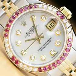 ROLEX LADIES DATEJUST 69173 MOP DIAL WATCH + 18K YELLOW GOLD RUBY DIAMOND BEZEL
