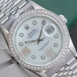 ~ROLEX MENS DATEJUST STEEL WHITE MOP DIAL DIAMOND BEZEL 36MM WATCH 16014