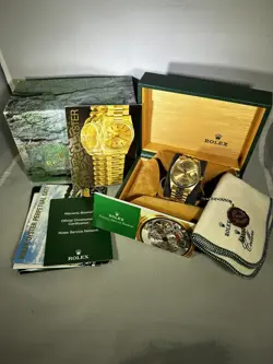 PREOWNED ROLEX OYSTER PERPETUAL DATE REF 1503 34MM SOLID 14K GOLD DIAL BOX BOOKS