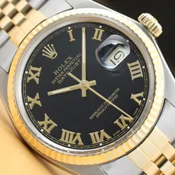 ROLEX MENS DATEJUST BLACK ROMAN 18K YELLOW GOLD & STAINLESS STEEL WATCH