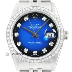ROLEX MENS DATEJUST BLUE VIGNETTE DIAMOND DIAL 18K WHITE GOLD & SS STEEL WATCH