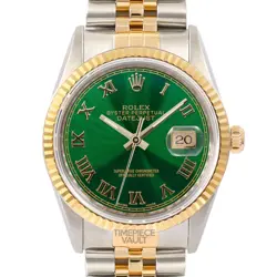ROLEX DATEJUST 16233 GOLD STEEL 36MM WATCH GREEN ROMAN DIAL 18K FLUTED BEZEL B+P