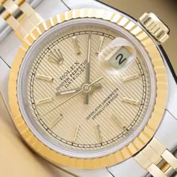 ROLEX LADIES DATEJUST 69173 18K GOLD STEEL 2-TONE CHAMPAGNE TAPESTRY DIAL WATCH