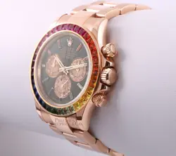 Rolex Mens Daytona 116505 18k Rose Gold 40mm Custom Black Dial Rainbow Bezel