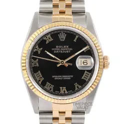 ROLEX DATEJUST 16013 GOLD & STEEL 36MM WATCH BLACK ROMAN DIAL 18K FLUTED BEZEL